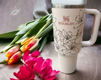Engraved Lily Stanley Tumbler - Floral Rose Quartz 40 Oz