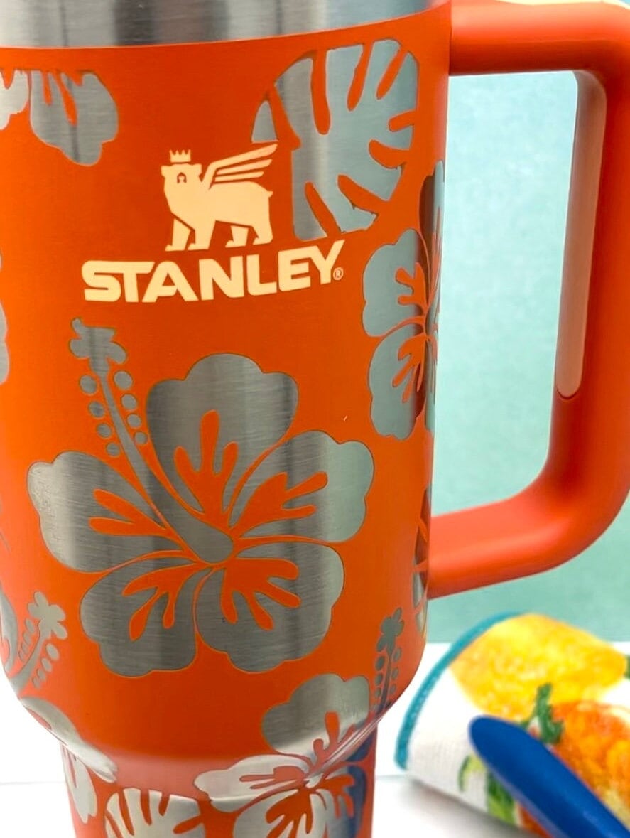 40 Oz Stanley Tiger Lily Tumbler Engraved With Hibiscus Flowers. 