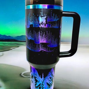 40 oz Black Chroma Stanley engraved with Northern Lights.