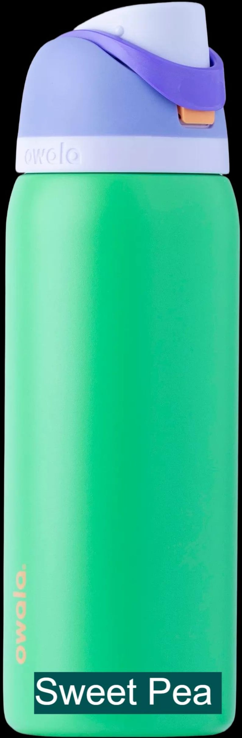 A green and purple water bottle with a purple lid and a purple handle.