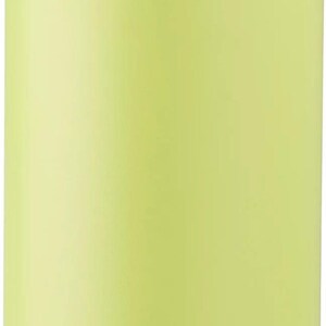 A lime green water bottle with a blue lid and a purple band around the neck.