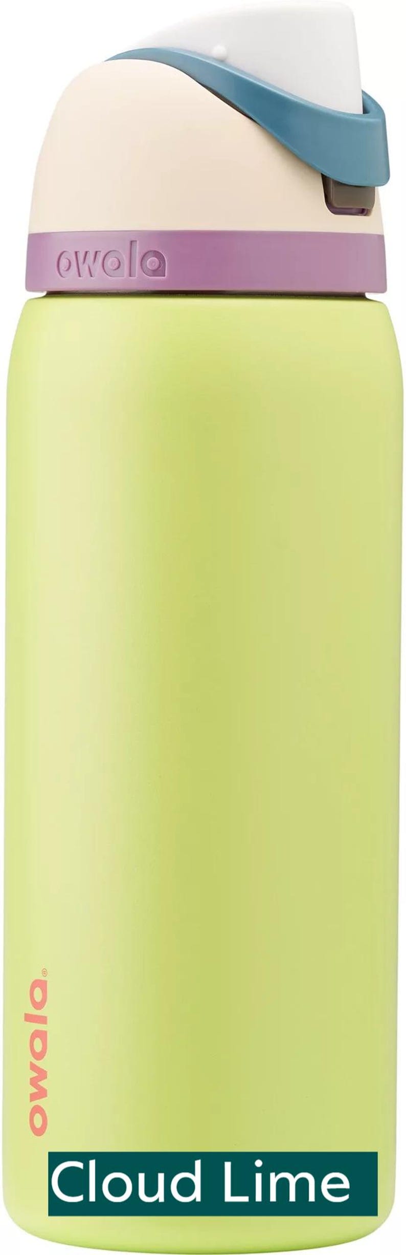 A lime green water bottle with a blue lid and a purple band around the neck.