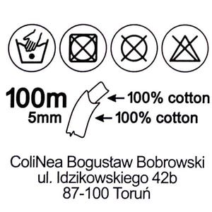 May include: A white label with black text and symbols indicating fabric care instructions. The label includes the text "100m" and "5mm", along with "100% cotton" and a company name and address.