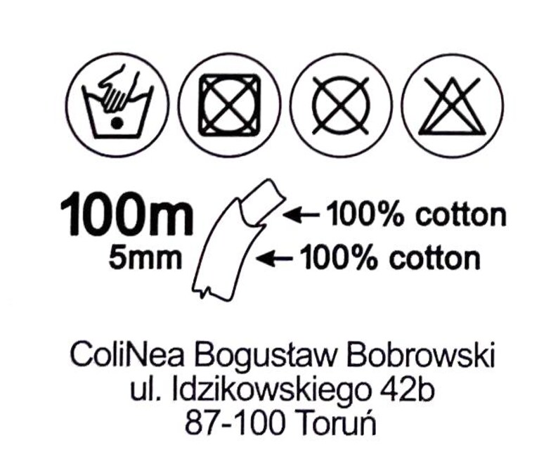 May include: A white label with black text and symbols indicating fabric care instructions. The label includes the text "100m" and "5mm", along with "100% cotton" and a company name and address.