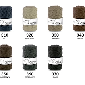 May include: A collection of eight spools of ColiNeo macrame cord in various colors, including inky, light beige, dark beige, brown, dark brown, anthracite, and black. Each spool is labeled with a color number and name.