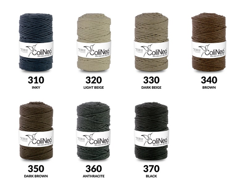 May include: A collection of eight spools of ColiNeo macrame cord in various colors, including inky, light beige, dark beige, brown, dark brown, anthracite, and black. Each spool is labeled with a color number and name.