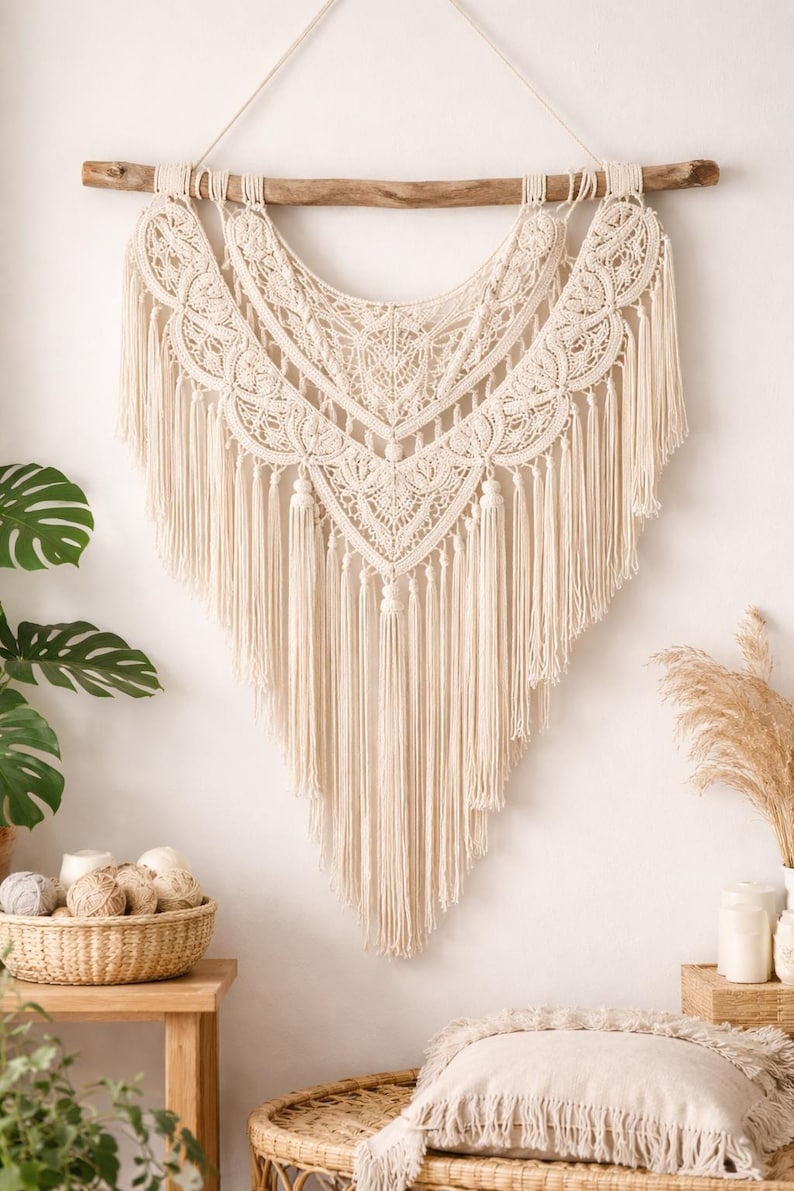May include: Cream-colored macrame wall hanging with intricate geometric patterns and long fringe. The textile art piece is suspended from a natural wooden dowel, adding a touch of bohemian decor to any space. The wall hanging is a beautiful example of handcrafted textile art.