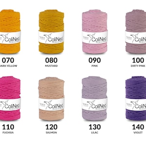 May include: Eight spools of ColiNeo macrame cord in various colors, including dark yellow, mustard, pink, dirty pink, fuchsia, salmon, lilac, and violet. Each spool has a label with the brand logo and color number.