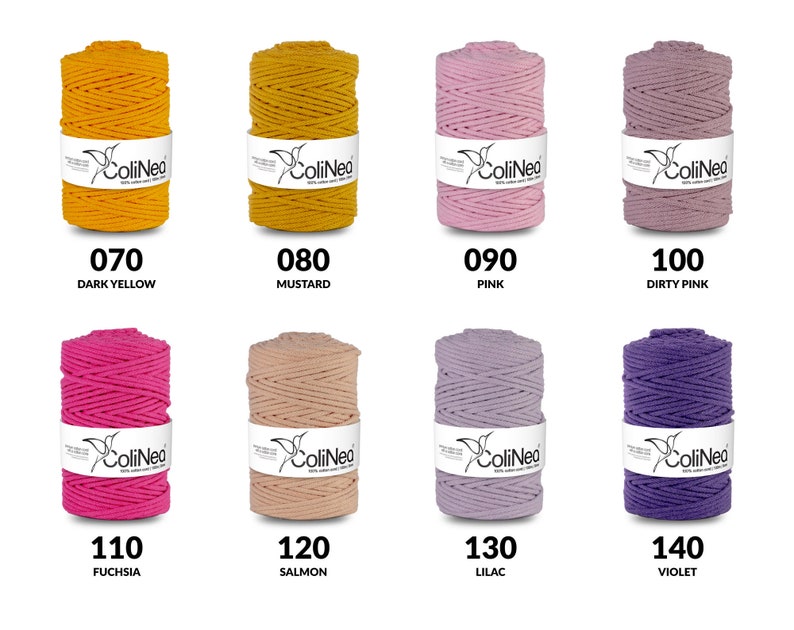 May include: Eight spools of ColiNeo macrame cord in various colors, including dark yellow, mustard, pink, dirty pink, fuchsia, salmon, lilac, and violet. Each spool has a label with the brand logo and color number.