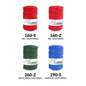 May include: Four spools of ColiNea yarn in various colors: red with silver thread, red with gold thread, bottle green with gold thread, and dark blue with silver thread. Each spool has a label with the brand name and product details. The text "160-S", "160-Z", "260-Z", and "290-S" are visible.