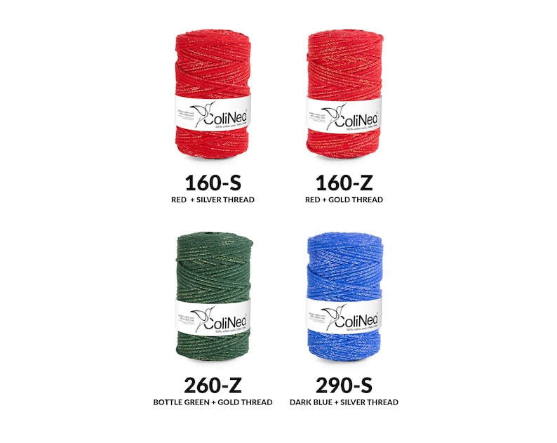 May include: Four spools of ColiNea yarn in various colors: red with silver thread, red with gold thread, bottle green with gold thread, and dark blue with silver thread. Each spool has a label with the brand name and product details. The text "160-S", "160-Z", "260-Z", and "290-S" are visible.