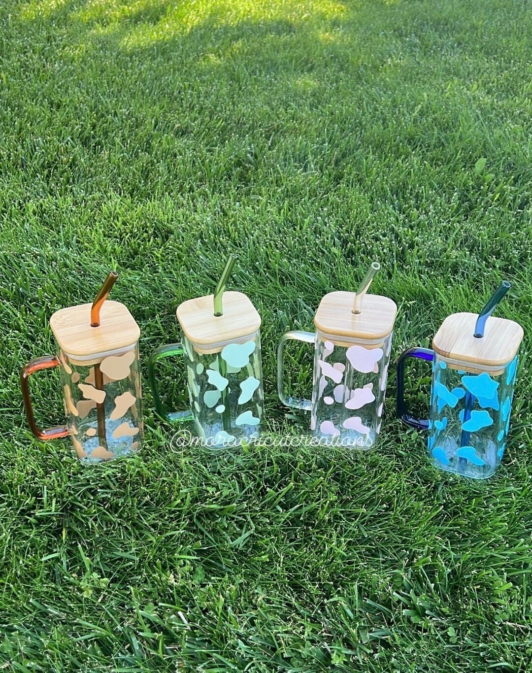 Cow Print Cup, Glass Cup With Handle, Cute Cup Design, Green Cow Print