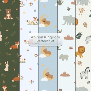 May include: A digital pattern set titled Animal Kingdom Pattern Set featuring five vertical panels with illustrations of bears, foxes, rabbits, cows, elephants, monkeys, lions, and zebras in various colors including olive green, blue, and cream.