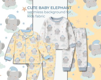 Söt elefantunge sömlöst mönster, sovande elefant digitalt papperspaket, sömlös fil för barnrum för barntyg, pyjamasmönster för babypojke