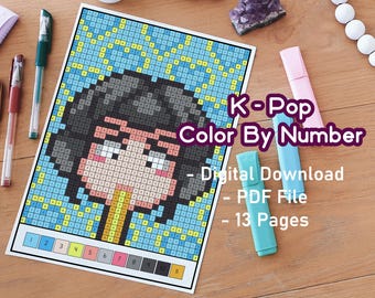 Dibujos para colorear de K-Pop por números / Imprimibles / Páginas para colorear para adultos / Paquete de arte pixelado Kawaii