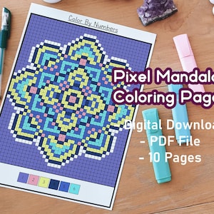 May include: A printable coloring page featuring a pixel art mandala design. The page is titled "Pixel Mandalas Coloring Pages" and includes the text "Digital Download - PDF File - 10 Pages".