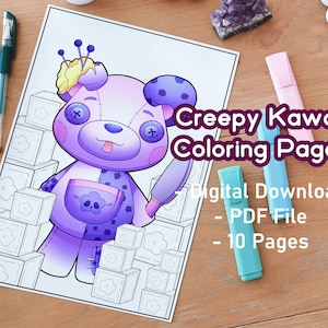 Páginas para colorear espeluznantes de Kawaii / Imprimibles / Espeluznantes / Halloween / Pastel Goth / Adorables peluches / Mascotas para colorear / Imprimir y colorear