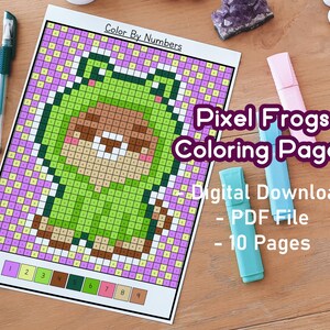 May include: Color by numbers coloring page featuring a pixelated frog wearing a green hooded jacket. The page is part of a set of 10 pages, available as a digital download in PDF format.