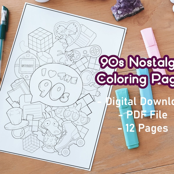 90s Nostalgia Coloring Pages | 90s things | Adult Coloring Pack | Print And Color | Cute | Kawaii | Retro | Back To The 90s
