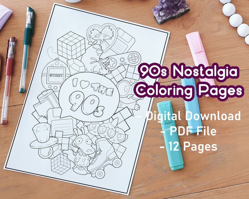 90s Nostalgia Coloring Pages | 90s Things | Adult Coloring Pack | Print