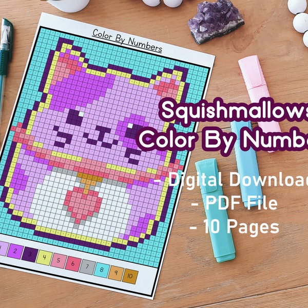 Squishamallows Color By Numbers | Party Favours | Printable | Digital Download | Adult Coloring Pages | Kid Coloring Pages | Pets