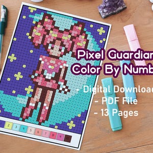 Op de afbeelding: Een digitale download van kleur op nummer met een gepixeleerde illustratie van een personage. De afbeelding bevat de tekst "Pixel Guardians Color By Number" en "Digital Download - PDF File - 13 Pages". Het kleurenpalet bevat roze, blauw en paars.