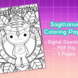 Sagittarius Coloring Pages | Astrological Sign | Cute Zodiac | Printable | Adult Coloring pages | Kawaii | Bundle | Girly