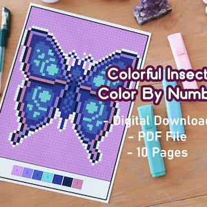 May include: A color-by-number printable featuring a pixelated butterfly design in shades of blue, purple, and pink. The text "Colorful Insects Color By Number" is displayed. Includes a digital download with 10 pages.
