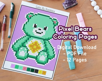 May include: Color by numbers coloring page featuring a pixelated green bear with a yellow belly. The page is titled "Pixel Bears Coloring Pages" and includes the text "Digital Download - PDF File - 12 Pages".