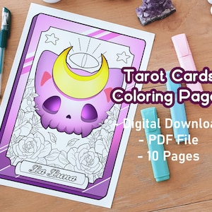 Tarot Karten Malvorlagen | Gruselig | Gruselige kawaii | Hexenkunst | Malvorlagen für Erwachsene | Pastell Goth | Tarot Kunst | Niedliches Tarot