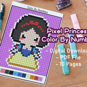 Pixel Princess Color By Number Coloring Pack | Cartoon | Print  and Color | Cute | Kawaii | Cosy | Pixel Art Pages | Color Bundle