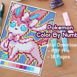 Evolutions Color By Number Pack | Printables | Poke | Adult Coloring Pages | Pixel Art (PDF)