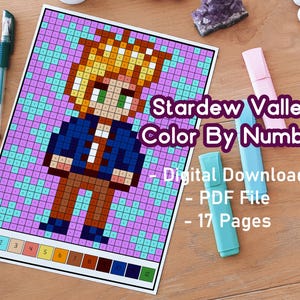 Könnte beinhalten: Eine Malen-nach-Zahlen-Aktivität mit einer Pixelfigur aus dem Videospiel Stardew Valley. Die Figur ist ein junger Mensch mit blonden Haaren, der eine blaue Jacke, eine braune Hose und braune Schuhe trägt. Das Bild enthält eine Farbpalette und Zahlen für die Malaktivität. Der Text "Stardew Valley Color By Number" wird oben im Bild angezeigt. Der Text "Digitaler Download - PDF-Datei - 17 Seiten" wird unter dem Bild angezeigt.