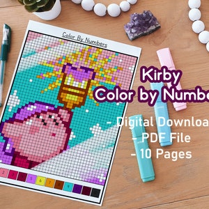 Kirby para colorear por números / Imprimible / Juegos / Lindo / Kawaii / Gamer / Pixel Art / Páginas para colorear para adultos / Paquete de páginas para colorear