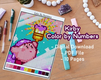 Kirby Color By Numbers | Printable | Gaming | Cute | Kawaii | Gamer | Pixel Art | Coloring Pages For Adults | Coloring Pages Bundle