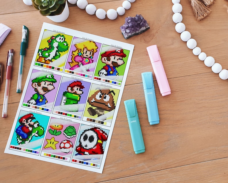 Mario Color by Numbers Printable Gaming Cute Kawaii Gamer Pixel Art