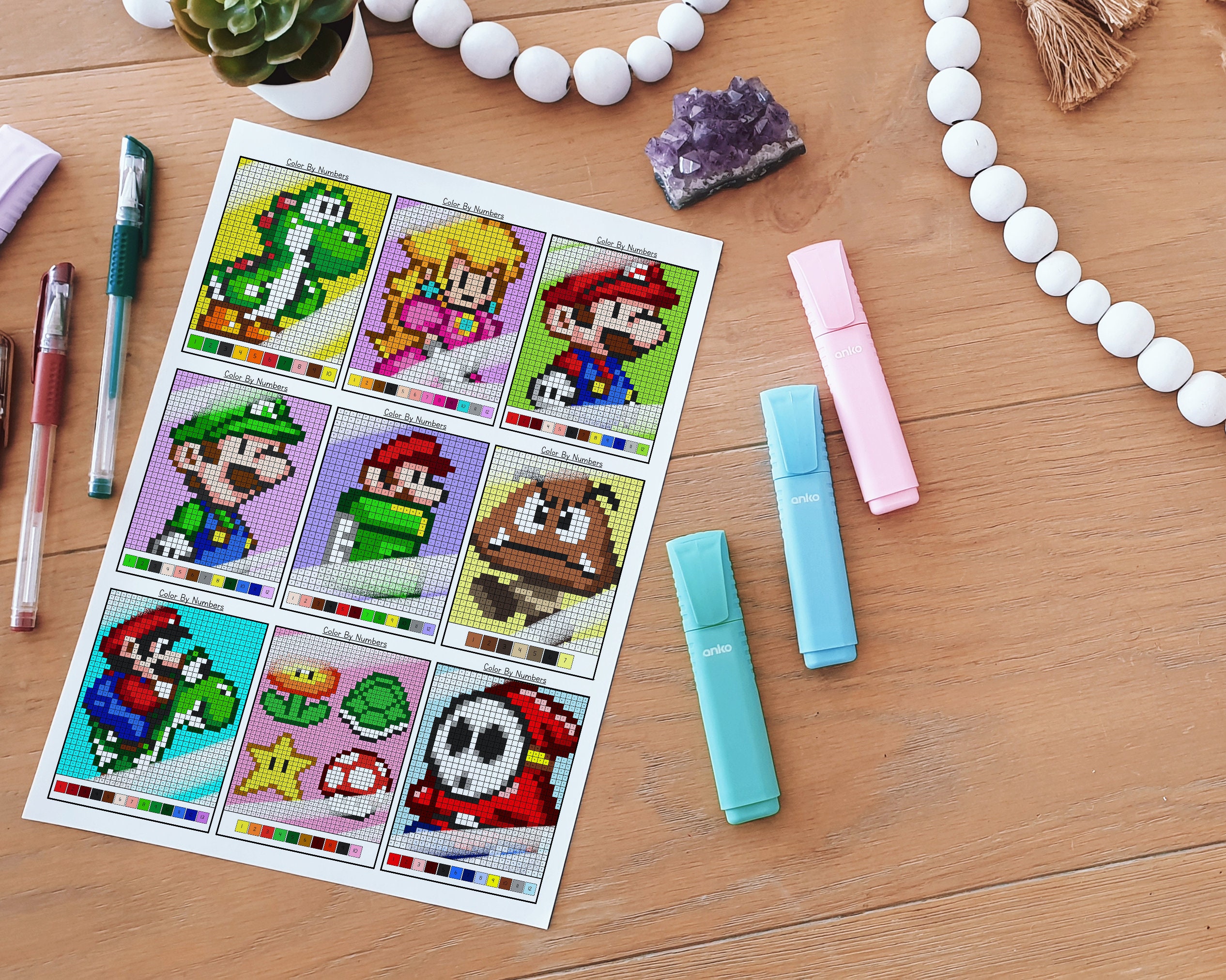 Mario Color by Numbers Printable Gaming Cute Kawaii Gamer