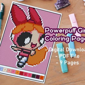 Pixel Powerpuff Color By Numbers Coloring Pack | Print and Color | Pixel Art | 90s Nostalgia | 90s Cartoons | Girly Coloring Pack | Cartoons