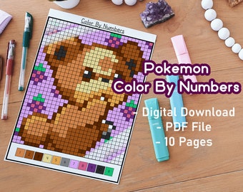 Cartoon Color By Numbers Pack 2 | Printable Coloring Pages | Poke Coloring Pages | Coloring Pages For Adults | Pixel art | Coloring Bundle