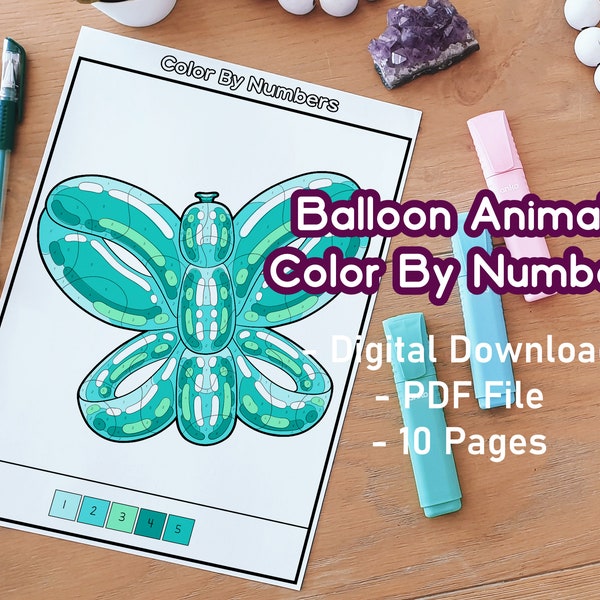 Balloon Animals Color By Numbers | Cute | Party Favours | Printable | Digital Download | Adult Coloring Pages | Kid Coloring Pages