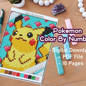 Cartoon Color By Number Pack 3 | Printables | Poke Coloring Pages | Adult Coloring Pages | Pixel Art | Color Bundle | Paint By Number | Cute