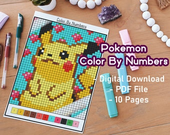 Cartoon Color By Number Pack 3 | Printables | Poke Coloring Pages | Adult Coloring Pages | Pixel Art | Color Bundle | Paint By Number | Cute