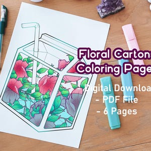 Calming Coloring Pages | Floral Milk Cartons | Relaxing Pages | Printables | Kawaii Color Pack | Flowers | Cute | Roses | Adult Color Pages