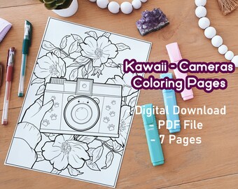 Kawaii Camera Coloring Pages: Floral Designs (Digital Download)
