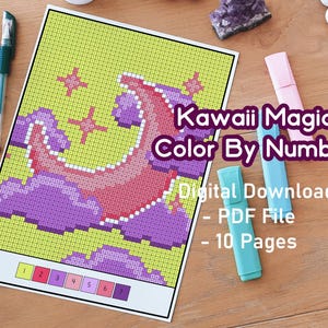 May include: A digital download color by number activity featuring a kawaii unicorn with a pink body and purple mane. The image is divided into a grid with numbers indicating the color to use for each section. The text "Kawaii Magic Color By Number" is displayed above the image. The text "Digital Download - PDF File - 10 Pages" is displayed below the image.
