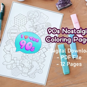 90s Nostalgia Coloring Pages | 90s things | Adult Coloring Pack | Print And Color | Cute | Kawaii | Retro | Back To The 90s | Millenial