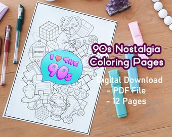 90s Nostalgia Coloring Pages: Kawaii Millenial Designs (PDF)