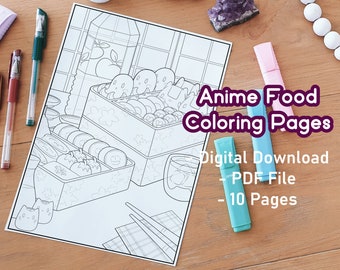 Pode incluir: Uma página para colorir em preto e branco com uma caixa bento cheia de comida de anime. O texto "Anime Food Coloring Pages" está escrito em texto roxo na página. O texto "Digital Download - PDF File - 10 Pages" também está escrito na página.