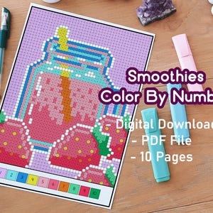 Pixel Smoothies Color By Number Coloring Pack | Positive Coloring Pages | Print and Color | Pixel Art | Kawaii Food | Pixel Color Bundle