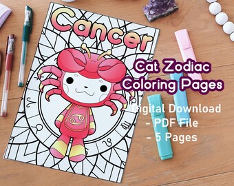 Cancer Coloring Pages | Cat Zodiac, Astrological Sign (PDF)
